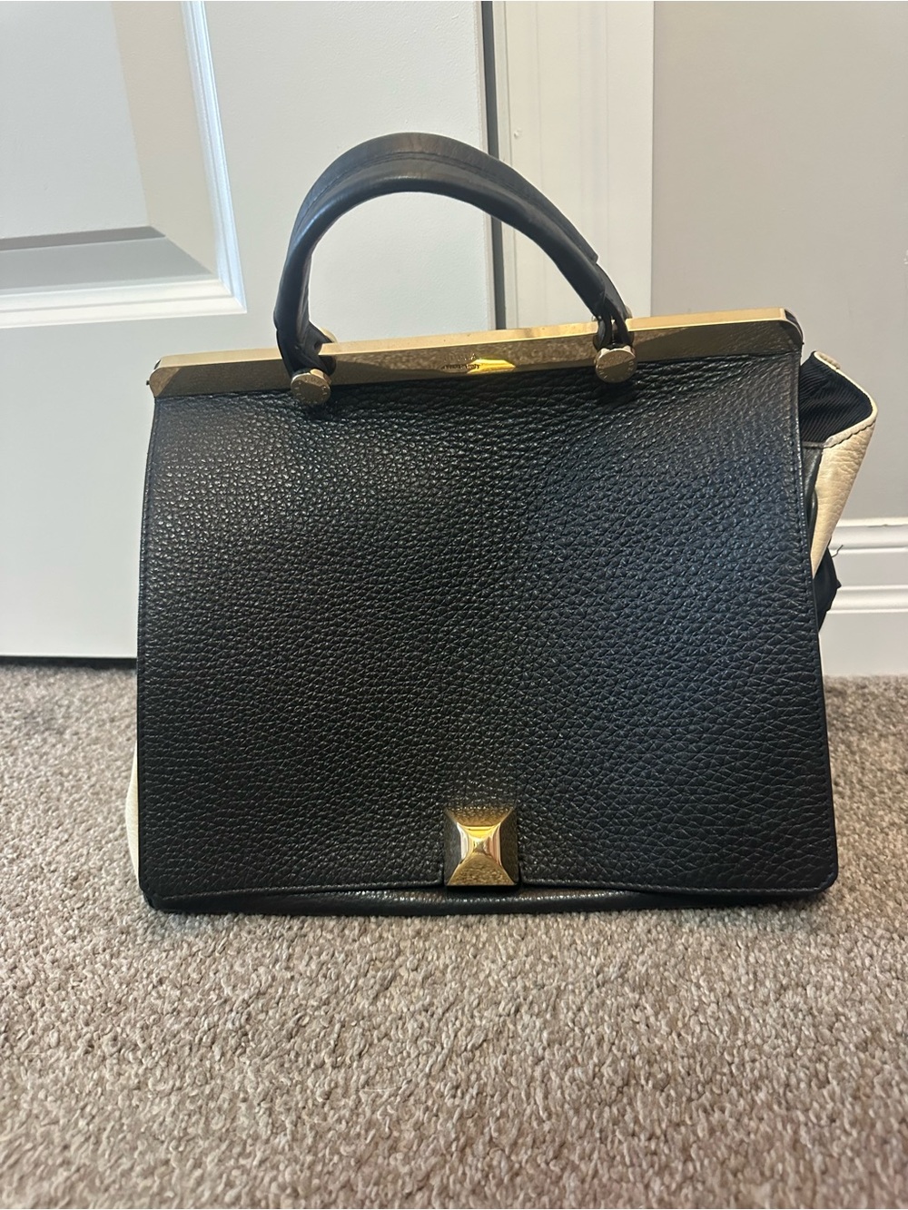 Furla Black and Cream Top Handle Satchel with Gold Hardware - Picture 2 of 6